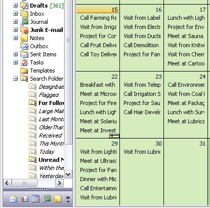 calendar for month and outlook folders